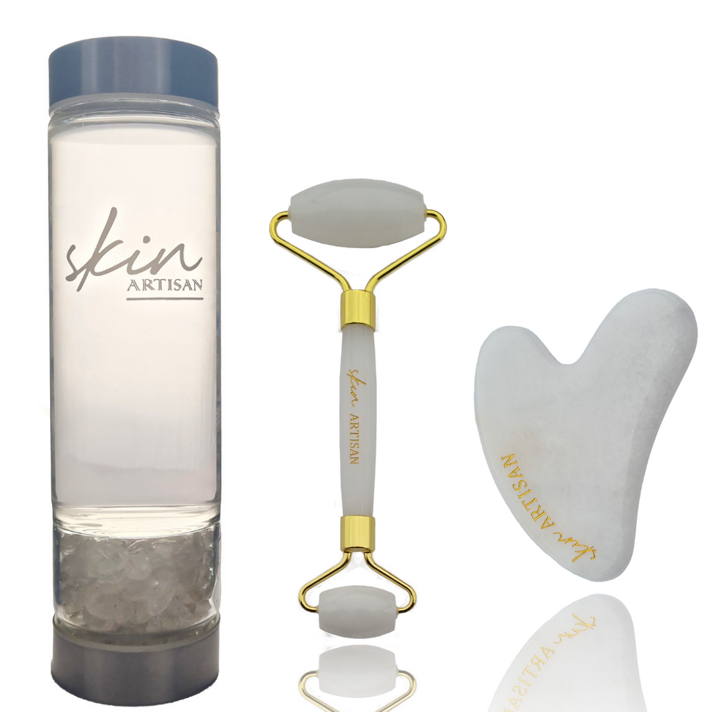 Crystal Water Bottle + Face Roller + Gua Sha